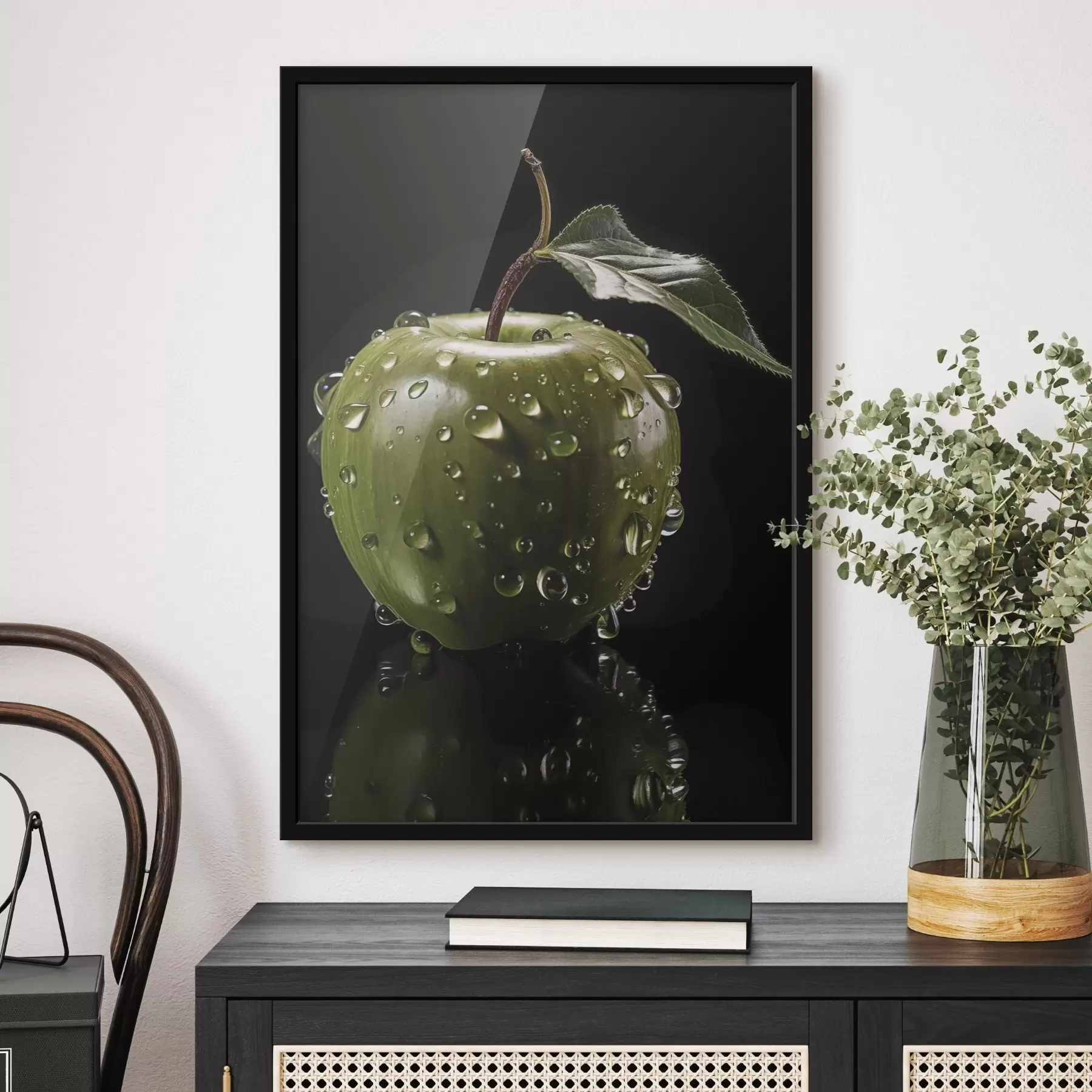 Fotobehang Groene appel met druppels water f45506