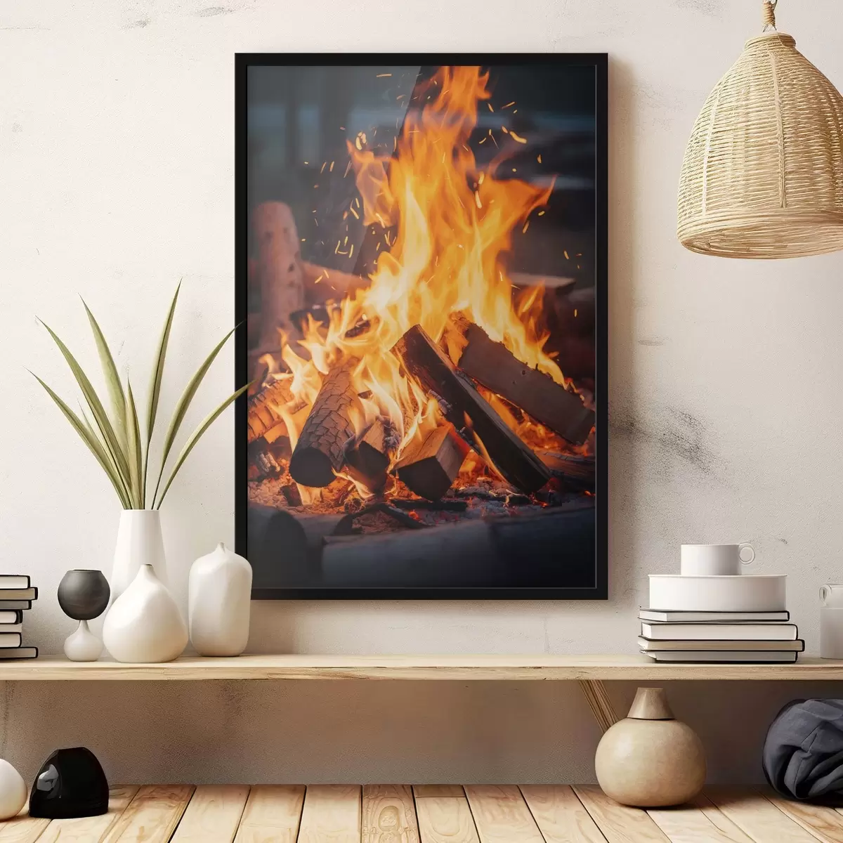 Poster Vurig vreugdevuur met hout f45514