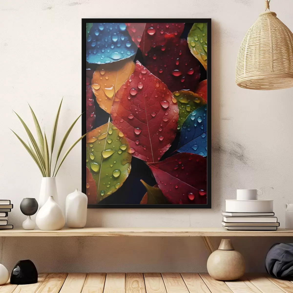 Poster Kleurrijke bladeren met waterdruppels f45516