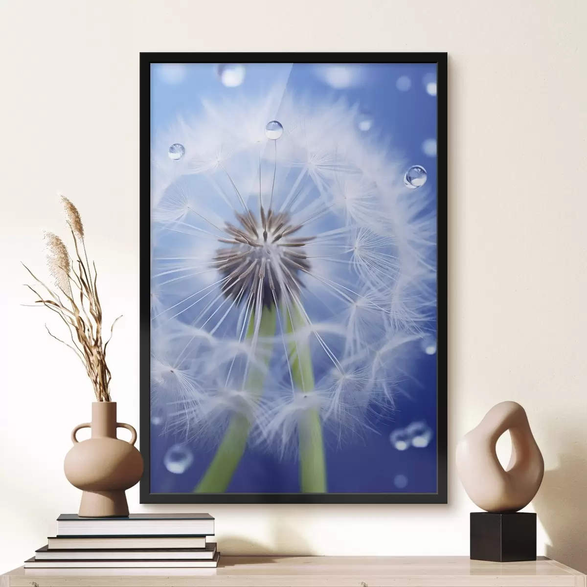 Poster Macro-opname van een paardenbloem op een blauwe achtergrond f45517