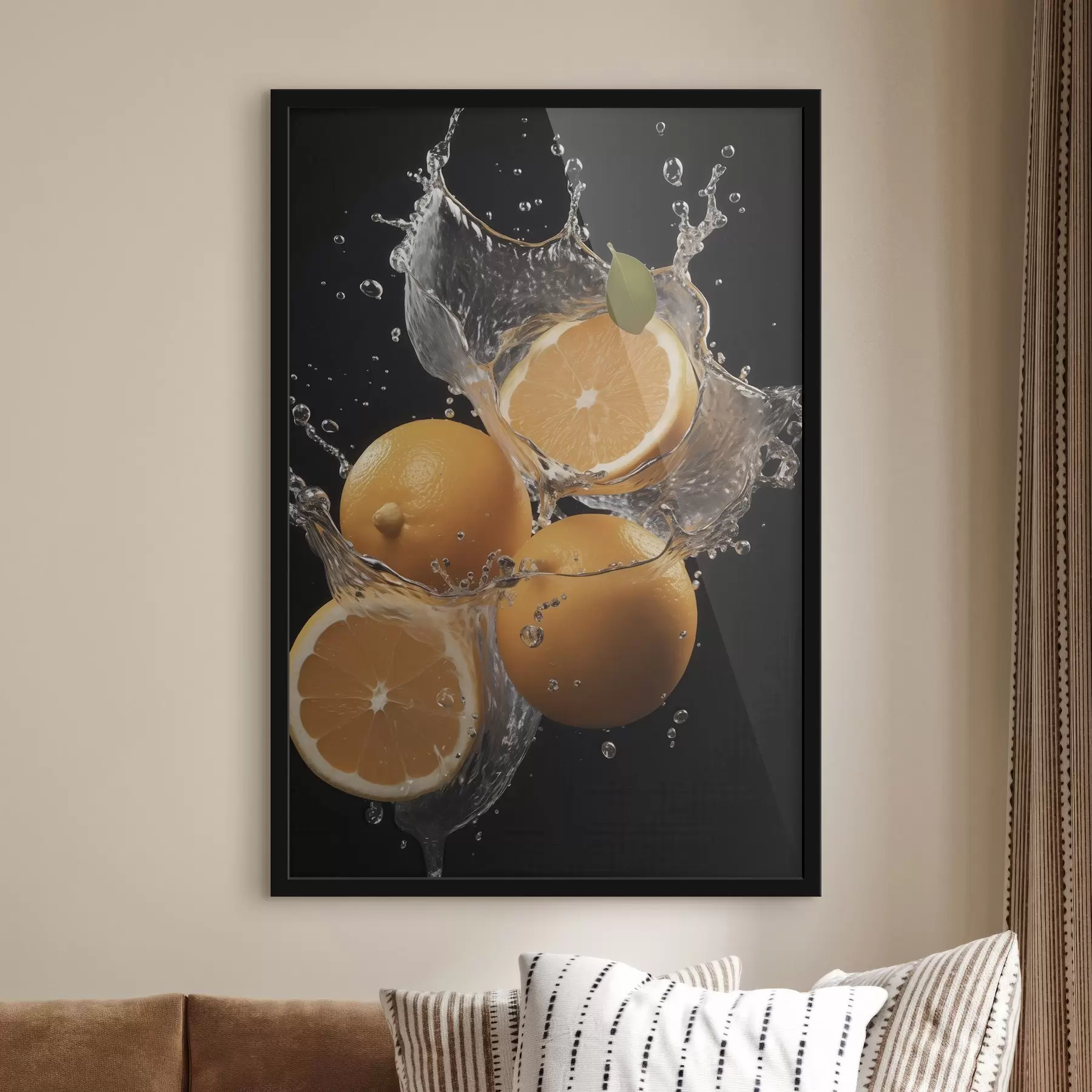 Fotobehang Sappige sinaasappels in water spatten f45526