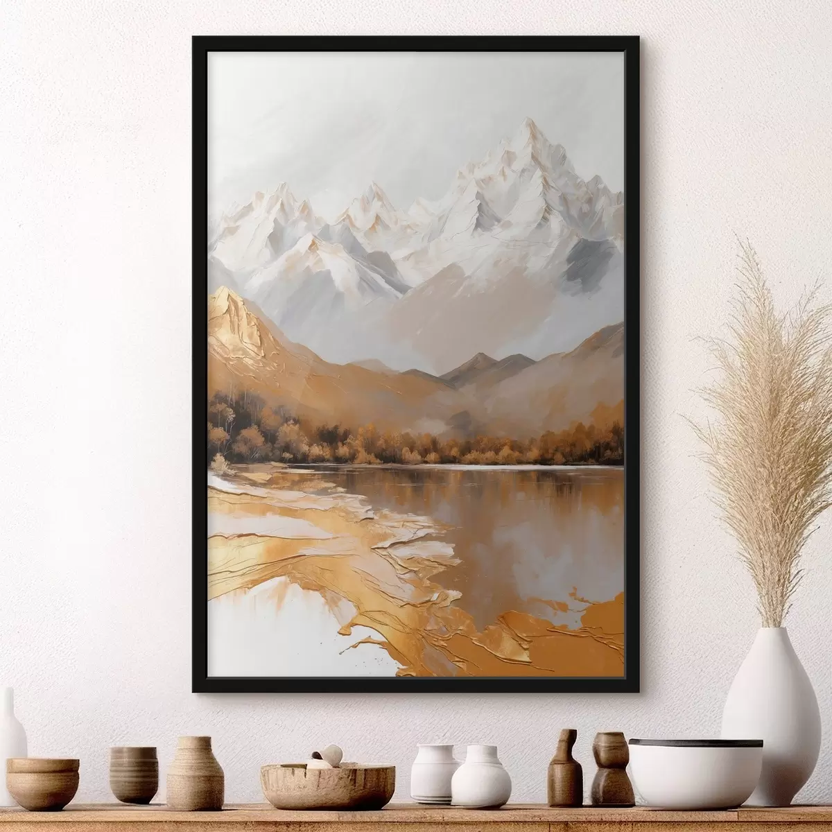 Poster Berglandschap met een meer en bomen f45620