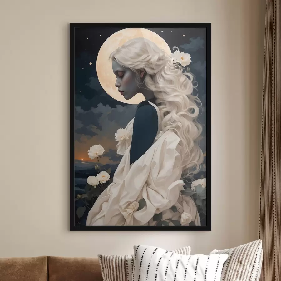 Fotobehang Vrouw met wit haar onder de maan f45622