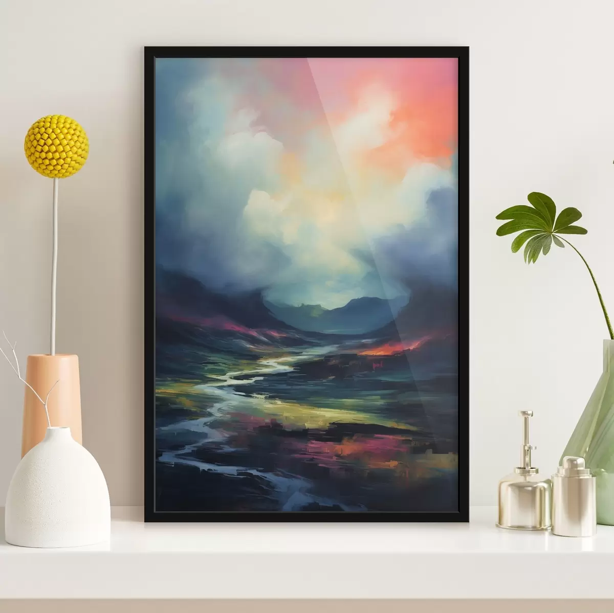 Poster Abstract landschap met een rivier en bergen f45627