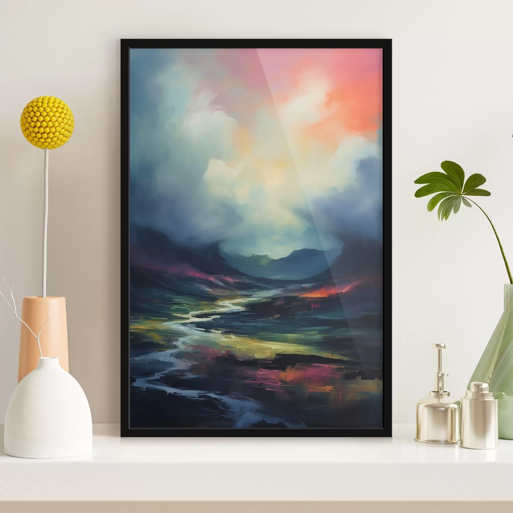 Fotobehang Abstract landschap met een rivier en bergen f45627
