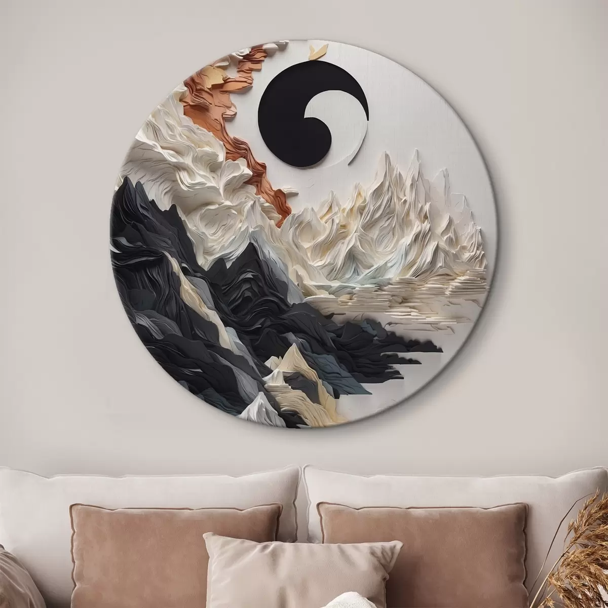 Ronde schilderijen Abstract landschap met bergen in een papieren stijl r45482