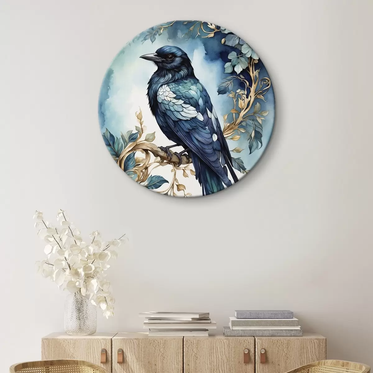 Ronde schilderijen Blauwe vogel op een tak met bladeren in aquarelstijl r45483
