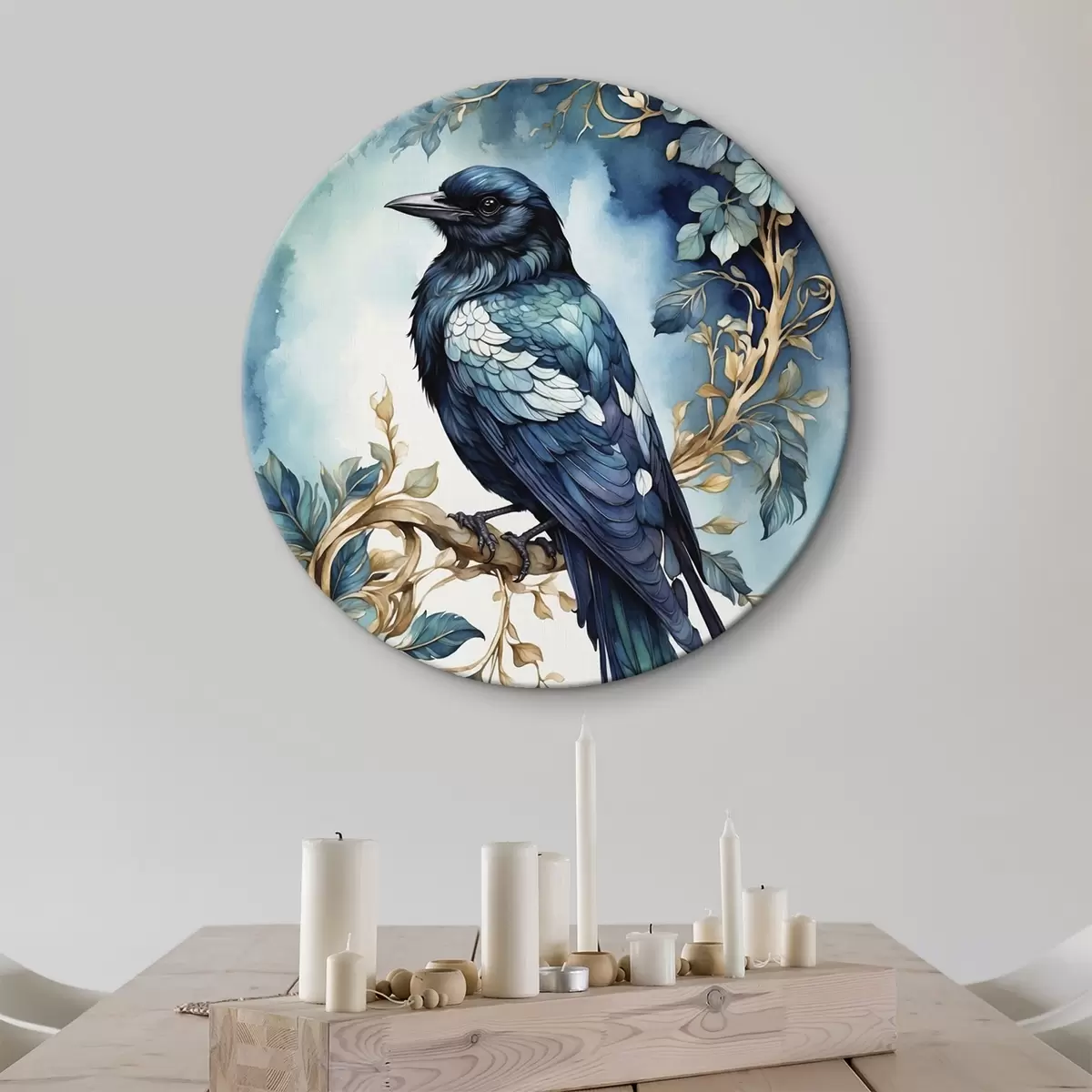 Ronde schilderijen Blauwe vogel op een tak met bladeren in aquarelstijl r45483