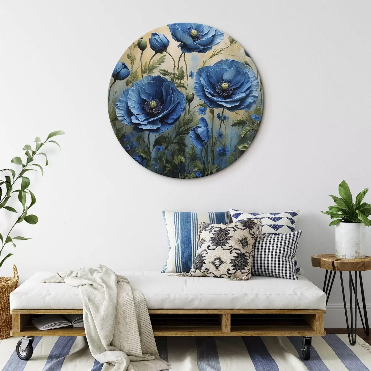 Ronde schilderijen Grote blauwe klaprozen met knoppen op een lichte achtergrond r45488