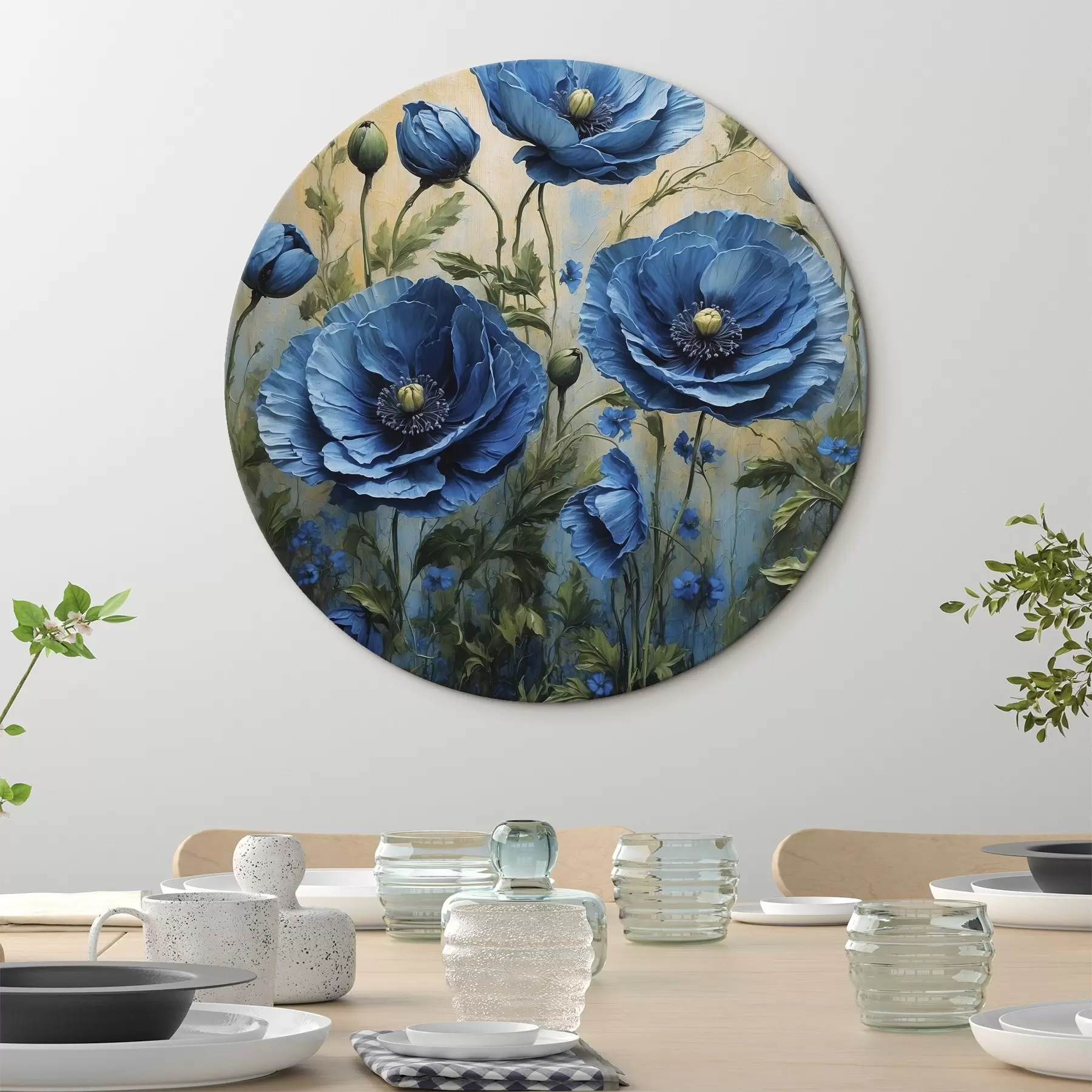  Schilderijen Grote blauwe klaprozen met knoppen op een lichte achtergrond r45488