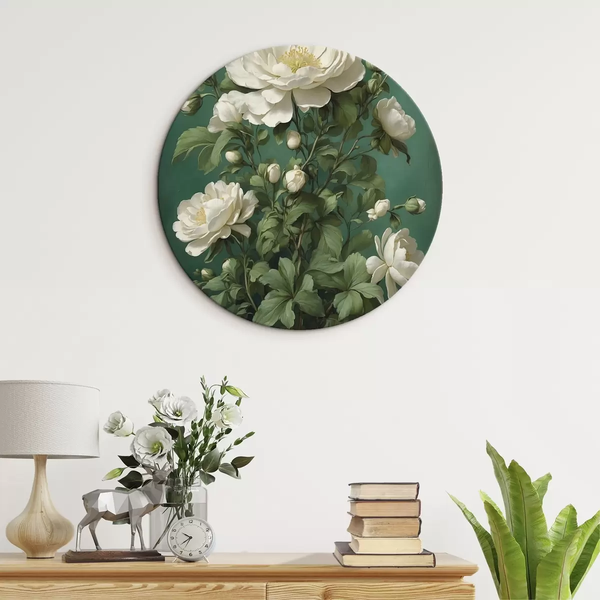 Ronde schilderijen Grote blauwe klaprozen met knoppen op een lichte achtergrond r45491
