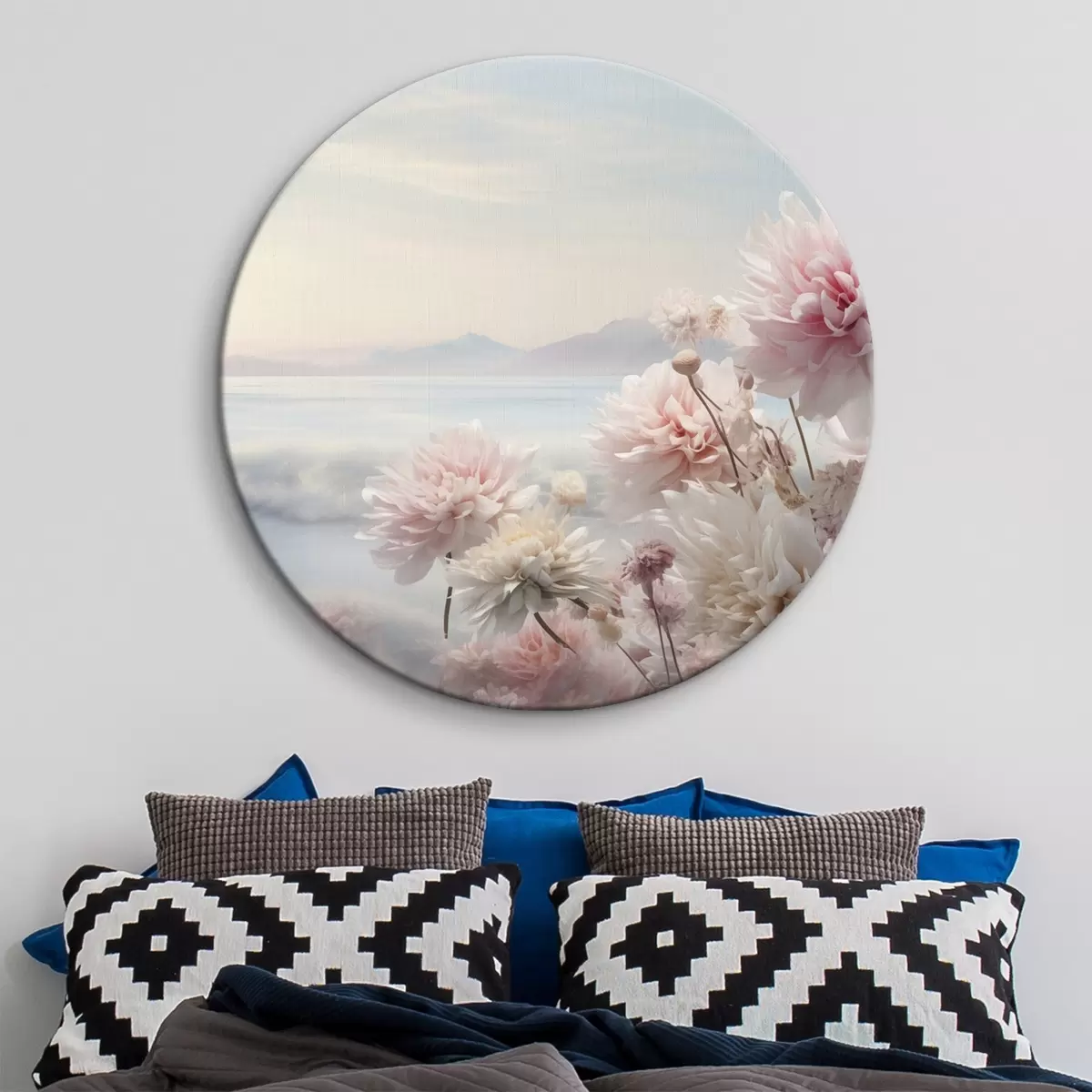 Ronde schilderijen Delicate roze bloemen aan zee bij zonsopgang r45496