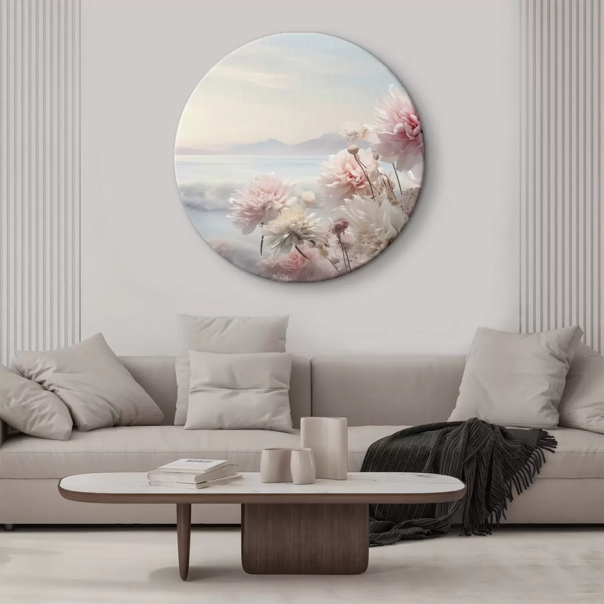 Ronde schilderijen Abstract schilderij in wit, blauw en donkerblauwe tinten r45496