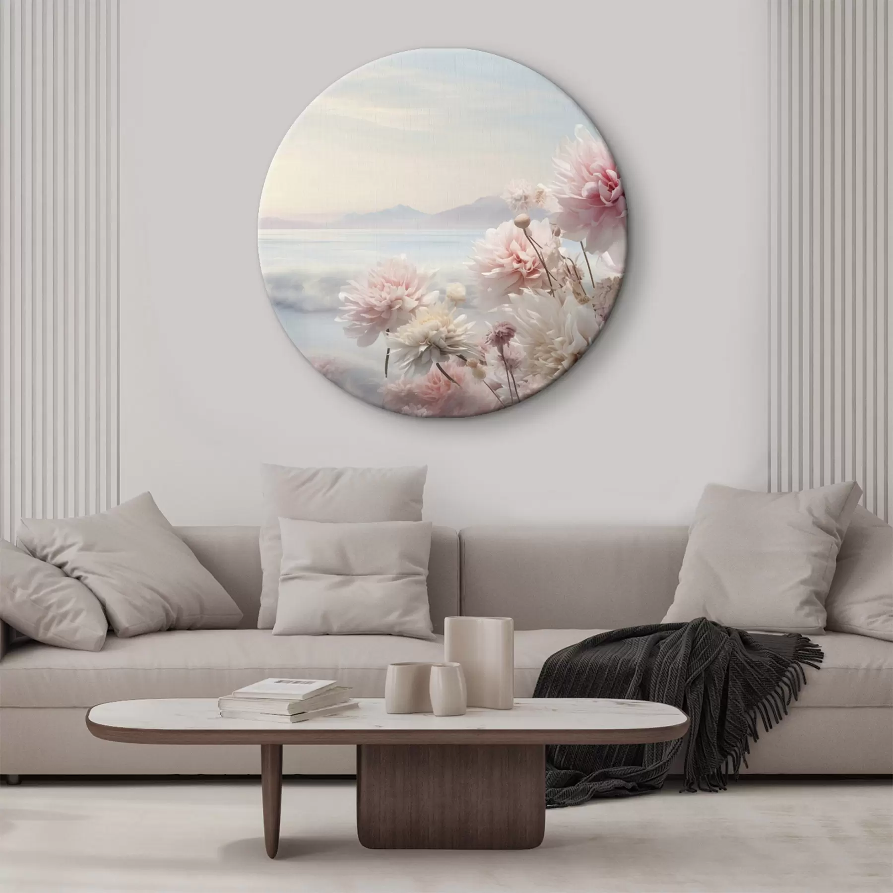  Schilderijen Delicate roze bloemen aan zee bij zonsopgang r45496