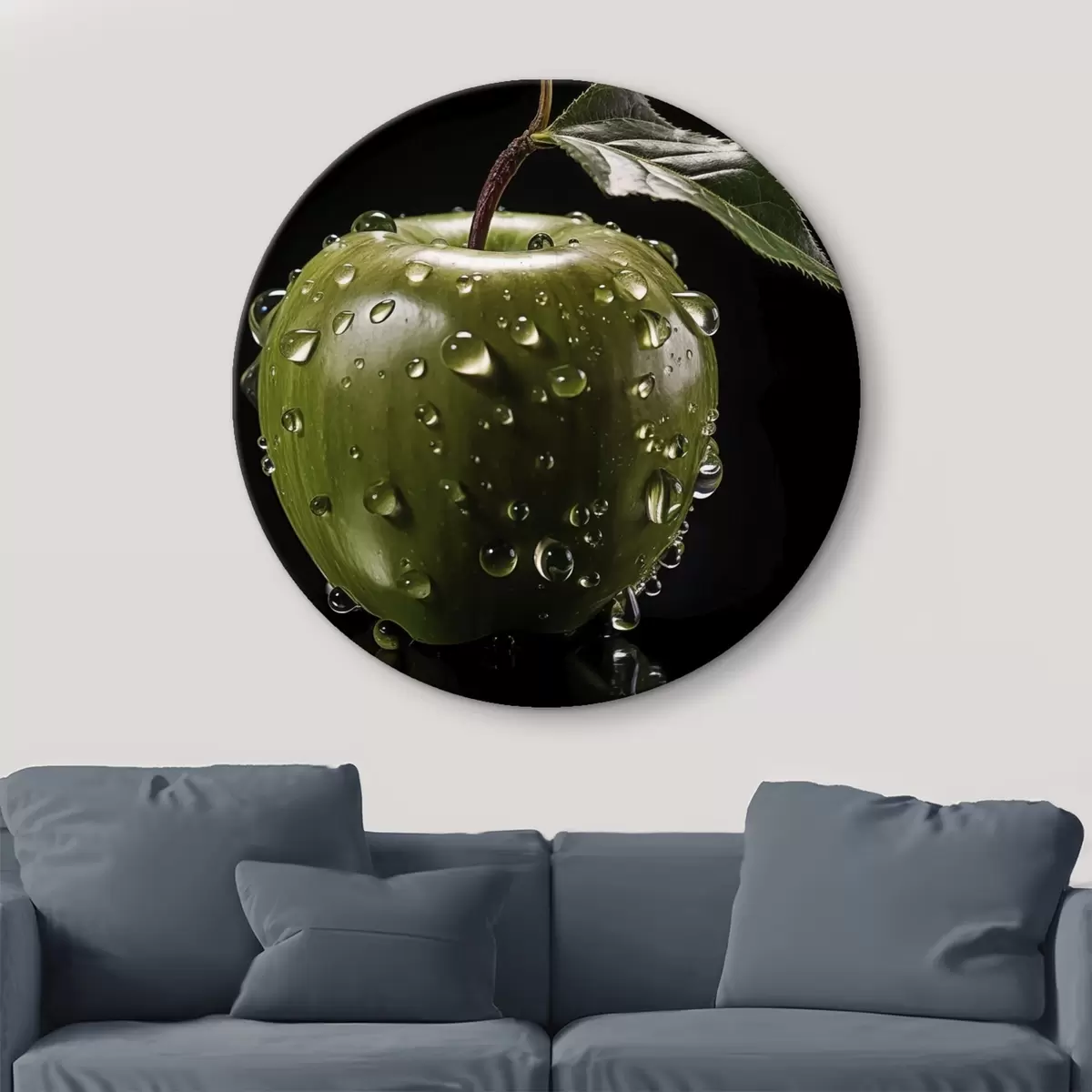 Ronde schilderijen Groene appel met druppels water r45506