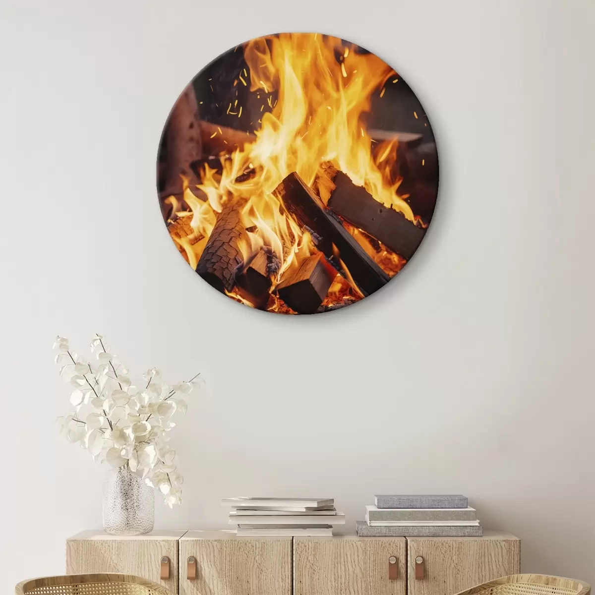 Ronde schilderijen Vurig vreugdevuur met hout r45514