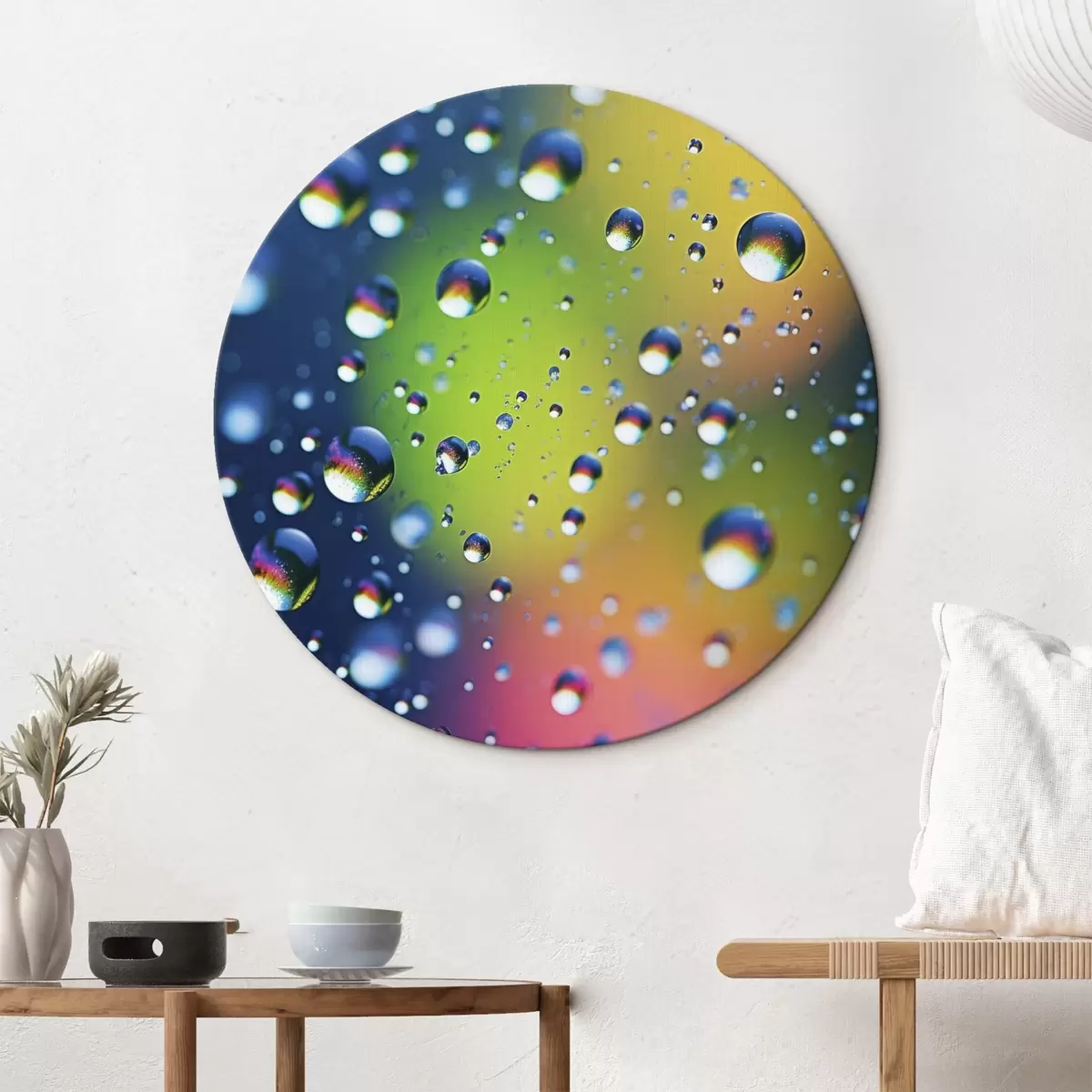 Ronde schilderijen Gekleurde reflecties in waterdruppels r45522