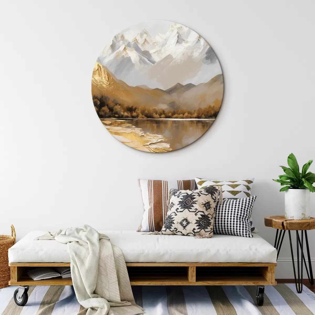 Ronde schilderijen Berglandschap met een meer en bomen r45620