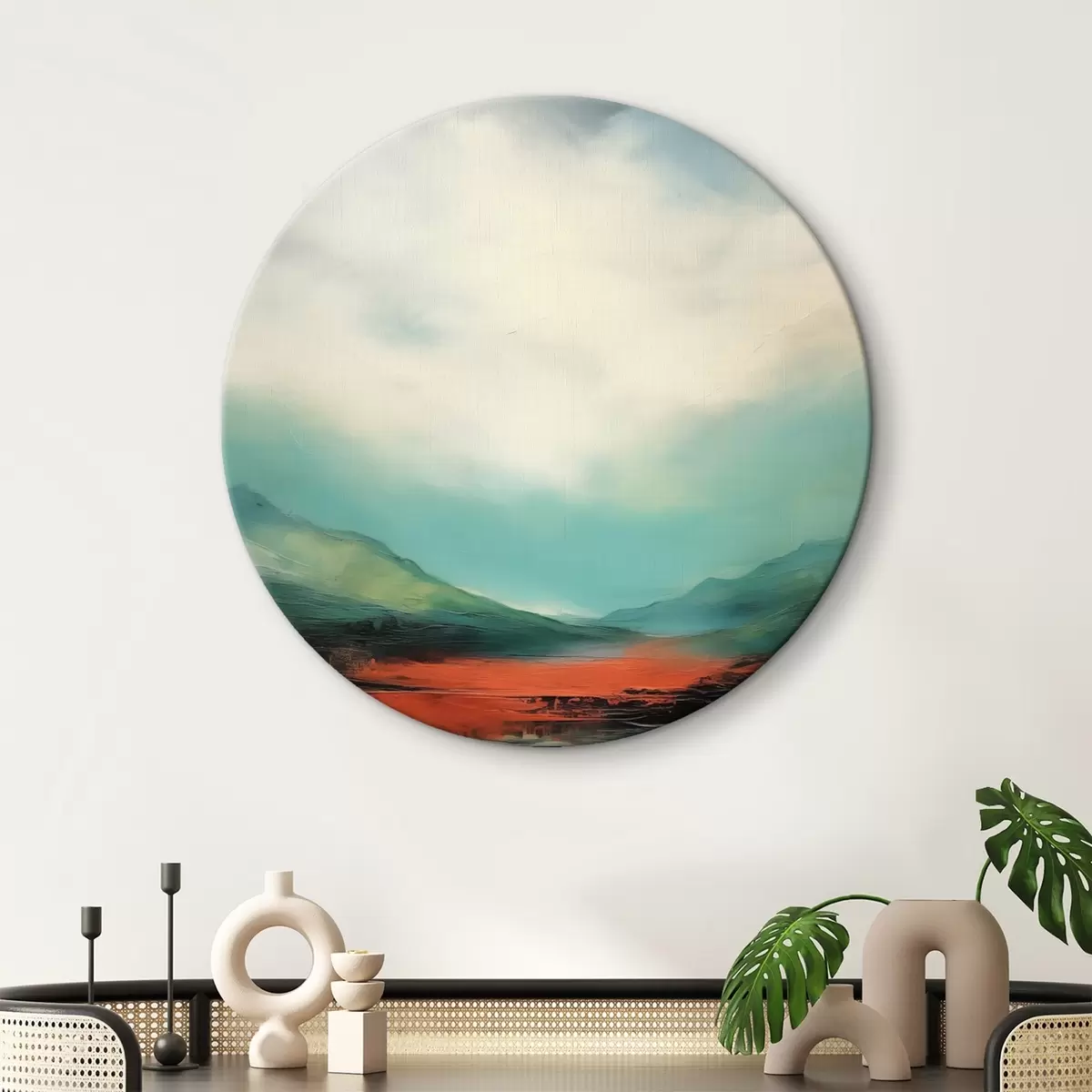 Ronde schilderijen Helder landschap met wolken en bergen r45626
