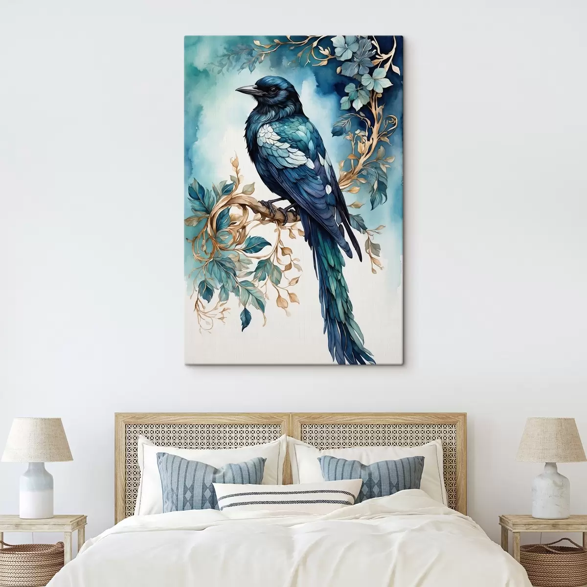  Schilderijen Blauwe vogel op een tak met bladeren in aquarelstijl s45483