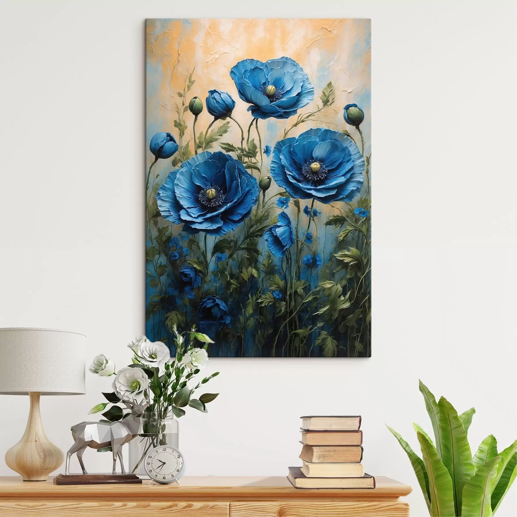  Schilderijen Grote blauwe klaprozen met knoppen op een lichte achtergrond s45488