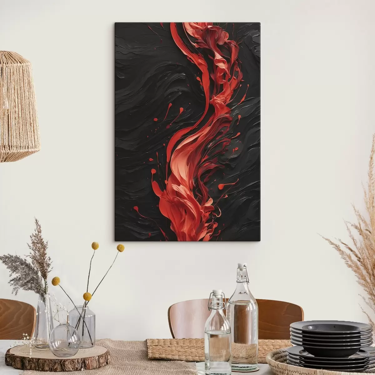  Schilderijen Abstract met rode penseelstreken op zwarte achtergrond s45490