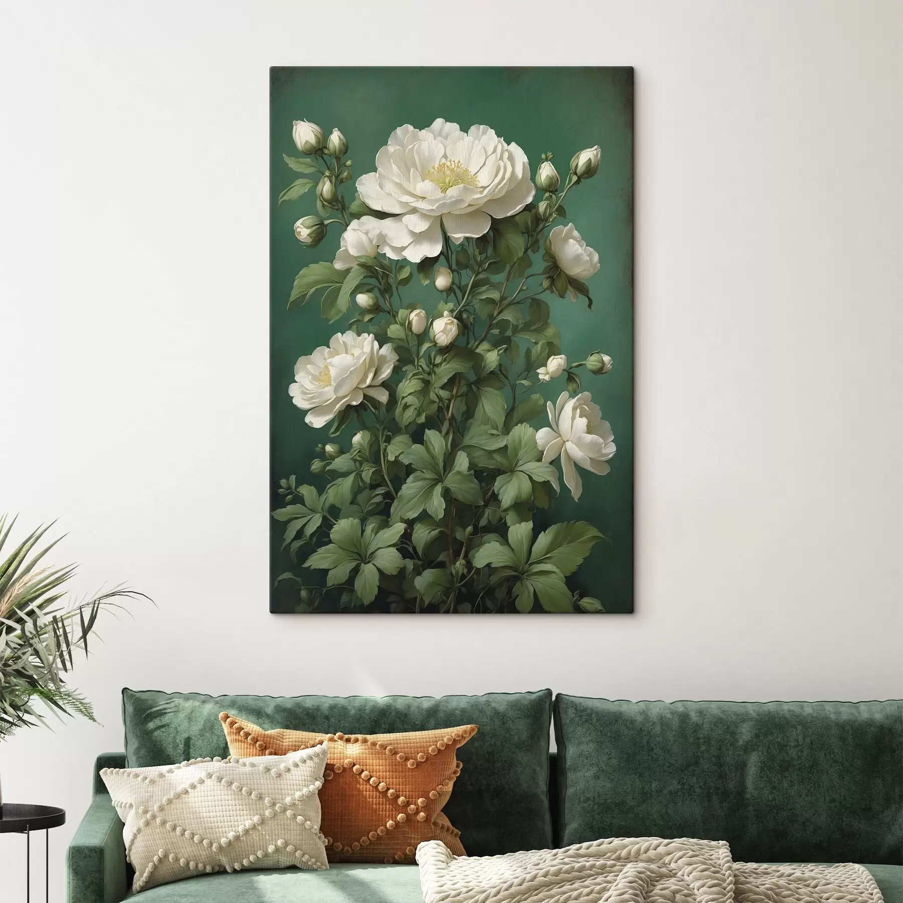  Schilderijen Crème pioenbloemen op een groene achtergrond s45491