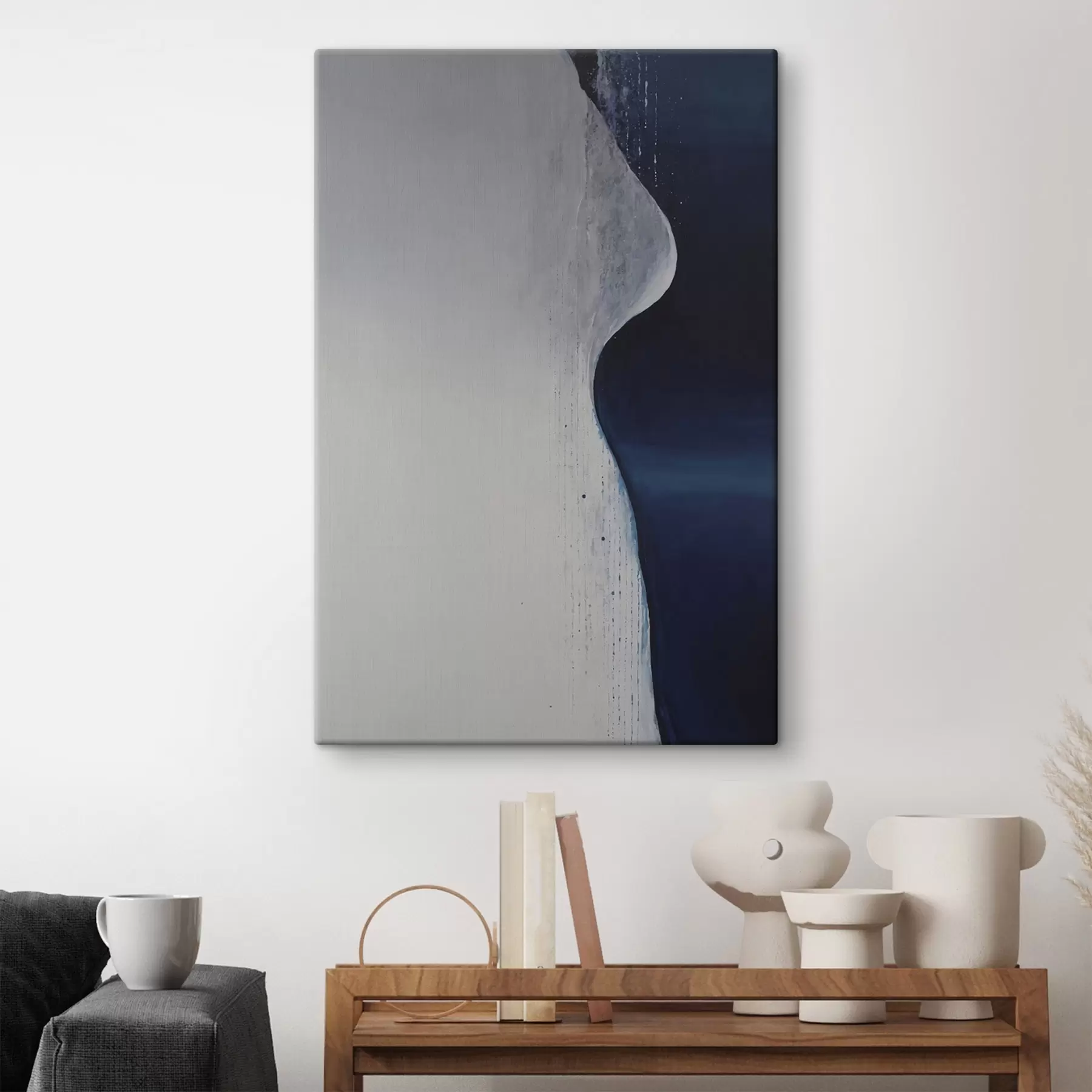  Schilderijen Abstract schilderij in witte, blauwe en donkerblauwe tinten s45493