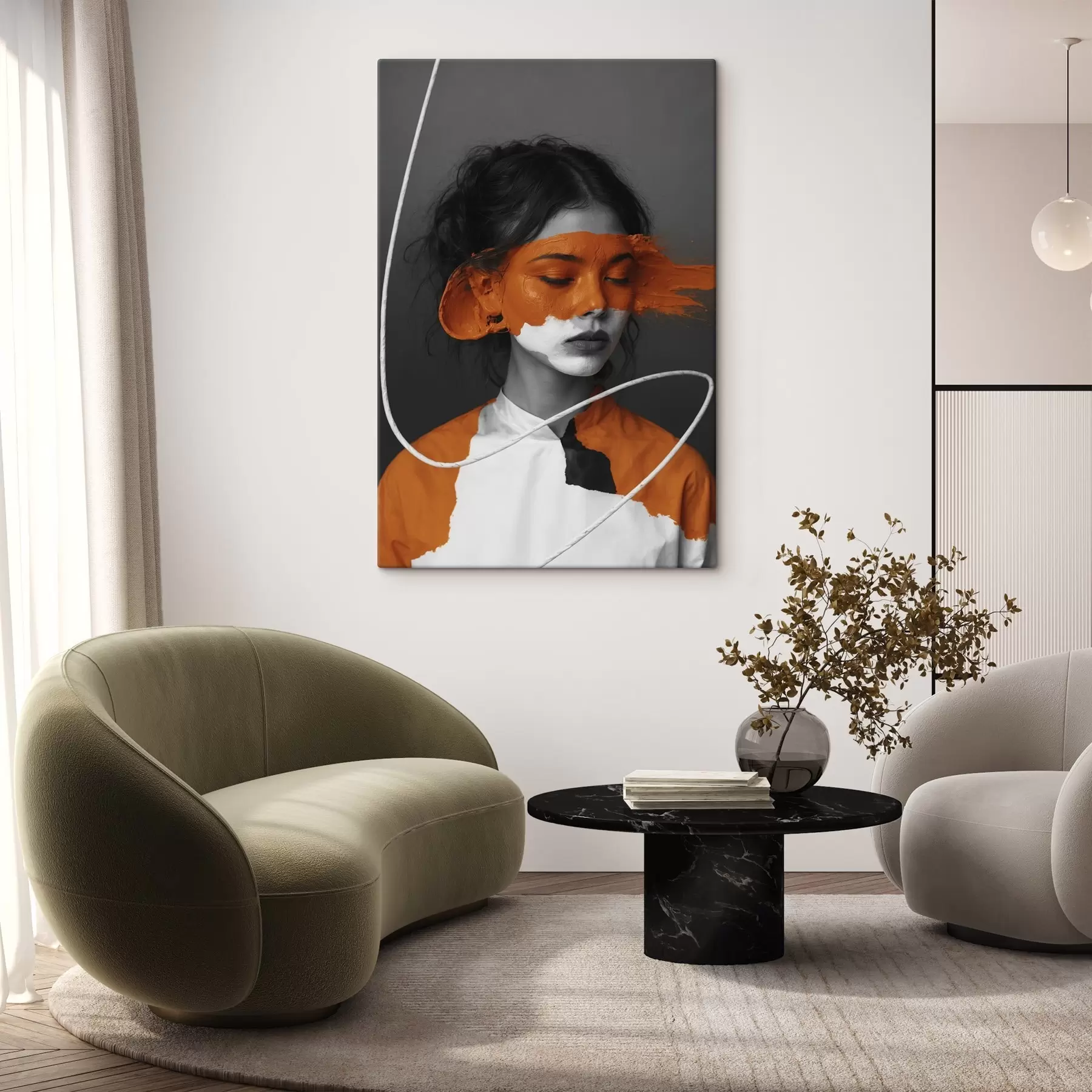  Schilderijen Portret van een meisje met een abstracte oranje afbeelding s45495