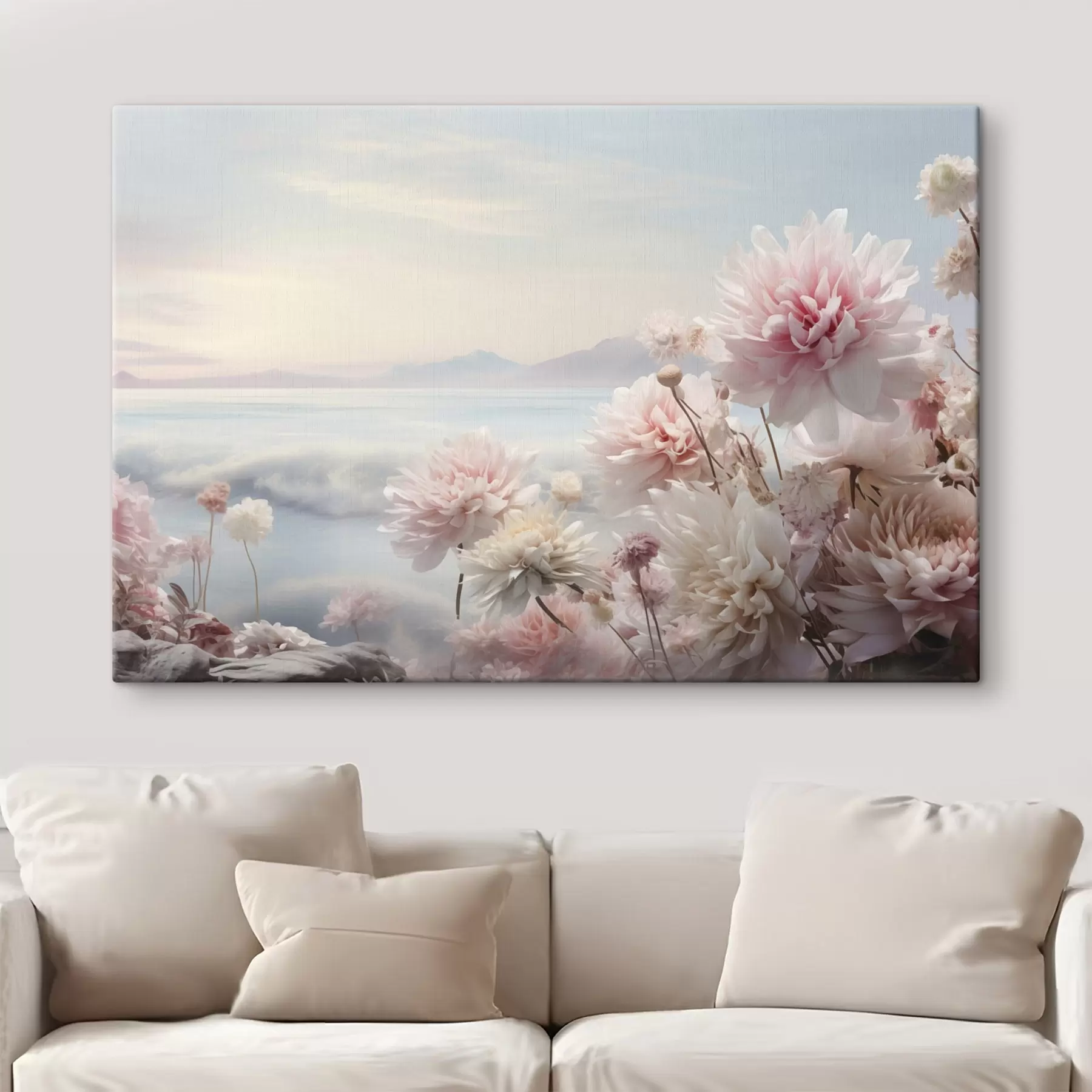  Schilderijen Delicate roze bloemen aan zee bij zonsopgang s45496