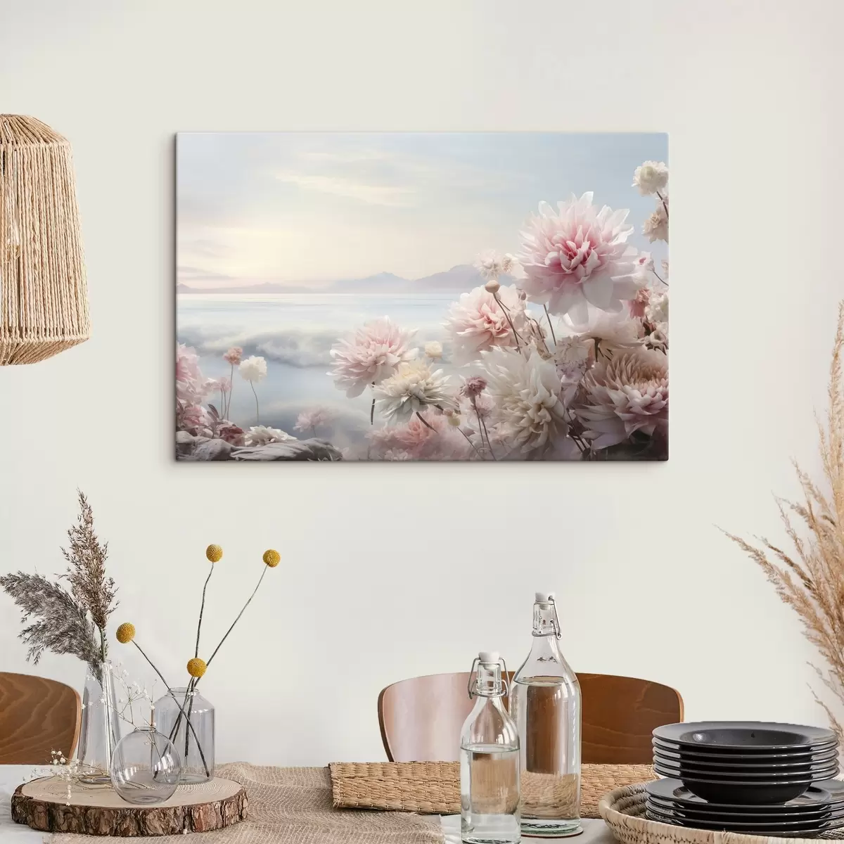  Schilderijen Delicate roze bloemen aan zee bij zonsopgang s45496