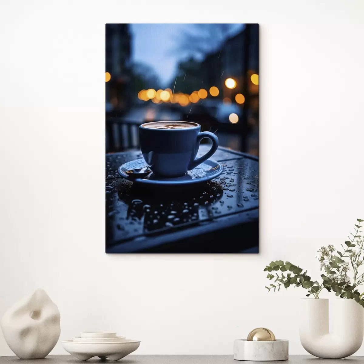  Schilderijen Een kopje koffie op tafel in de regen s45497