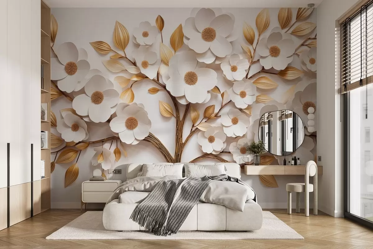 Fotobehang Boom met witte bloemen en imitatie van reliëfbladeren w09348