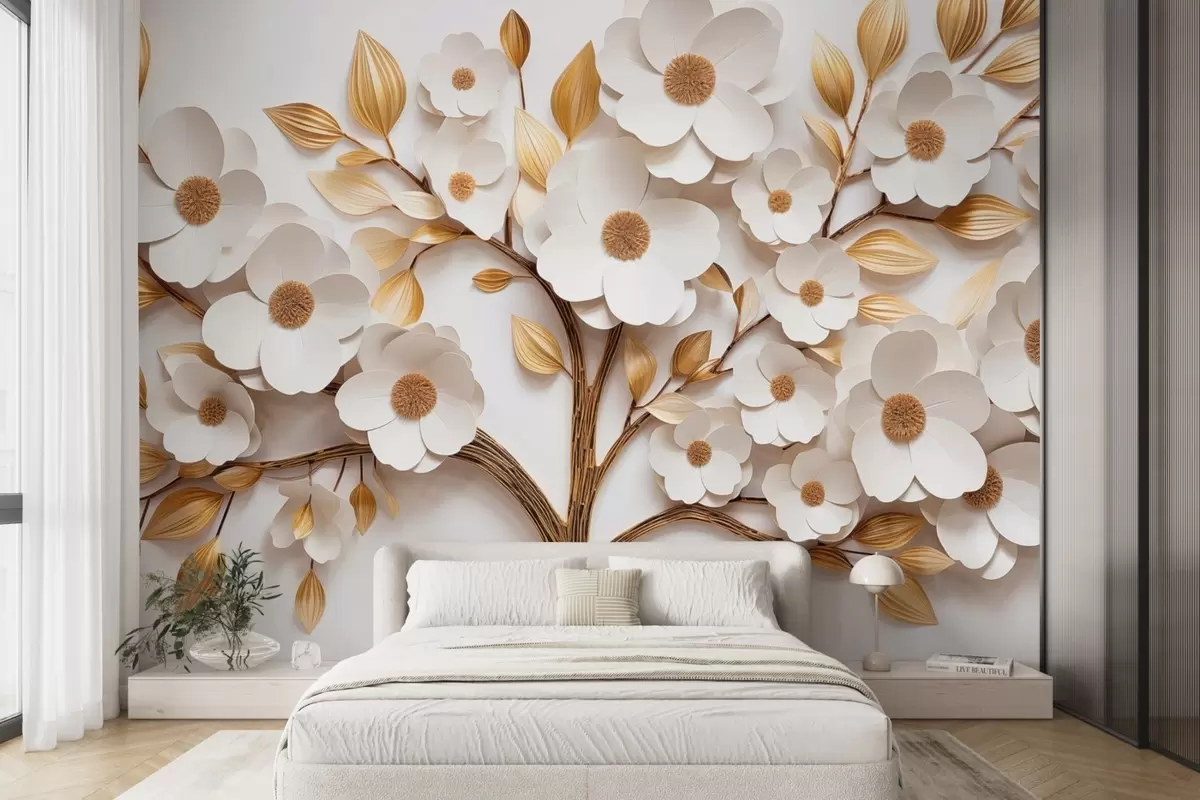 Fotobehang Boom met witte bloemen en imitatie van reliëfbladeren w09348