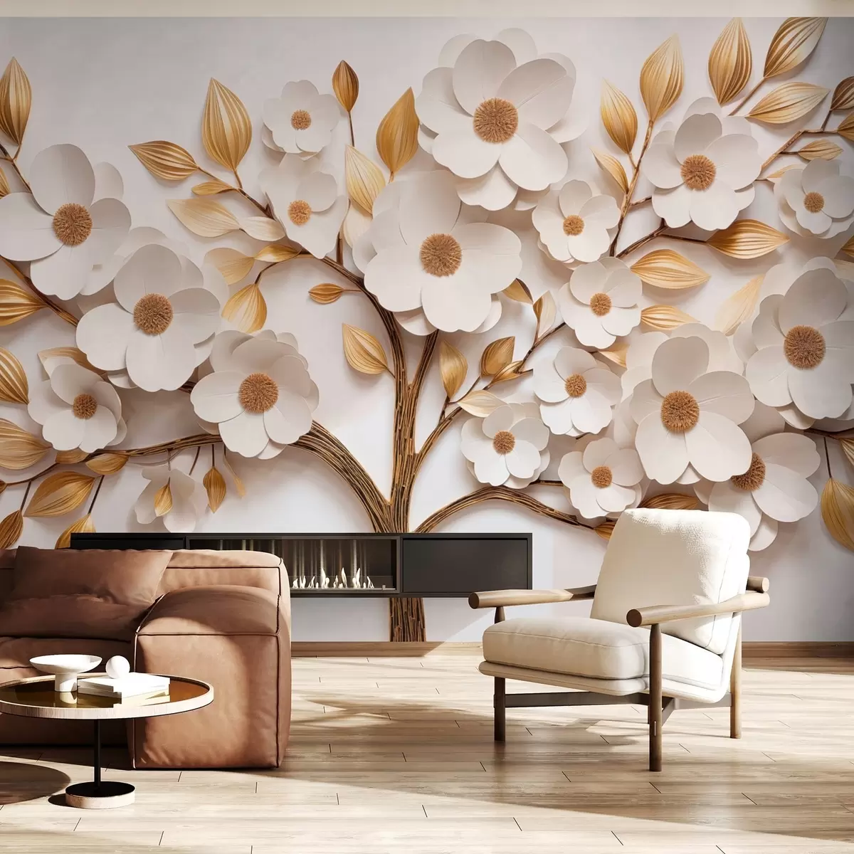 Fotobehang Boom met witte bloemen en imitatie van reliëfbladeren w09348