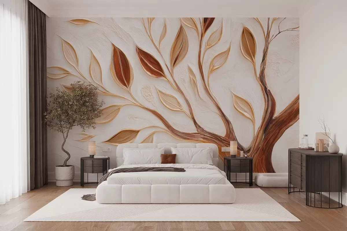 Fotobehang Decoratieve boom met bladeren en imitatie van een getextureerde achtergrond w09349