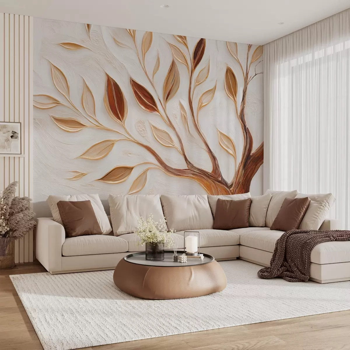 Fotobehang Decoratieve boom met bladeren en imitatie van een getextureerde achtergrond w09349