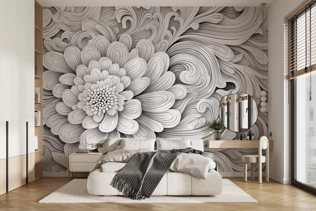 Fotobehang Decoratief zwart-wit patroon in de vorm van een bloem en wervelingen w09355