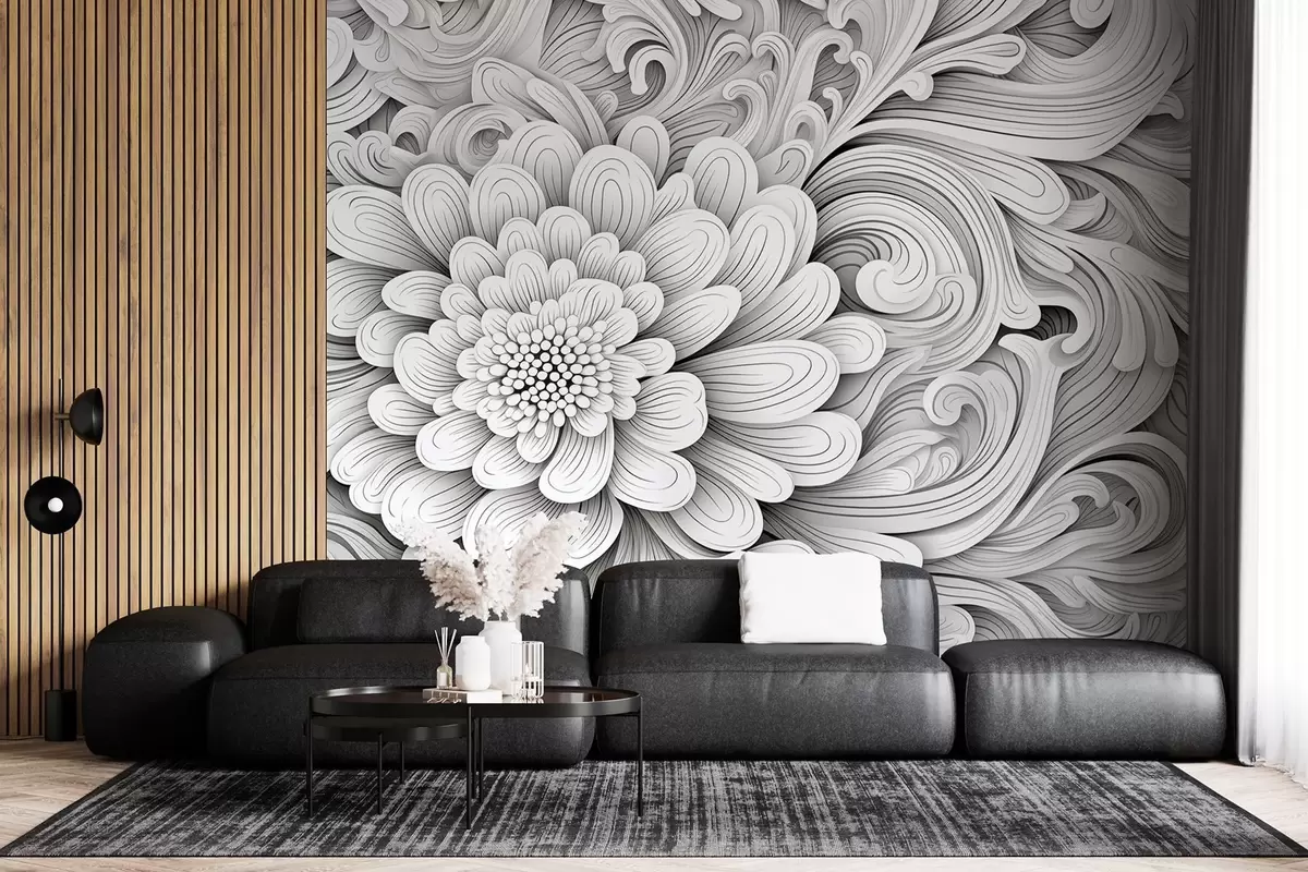 Fotobehang Decoratief zwart-wit patroon in de vorm van een bloem en wervelingen w09355
