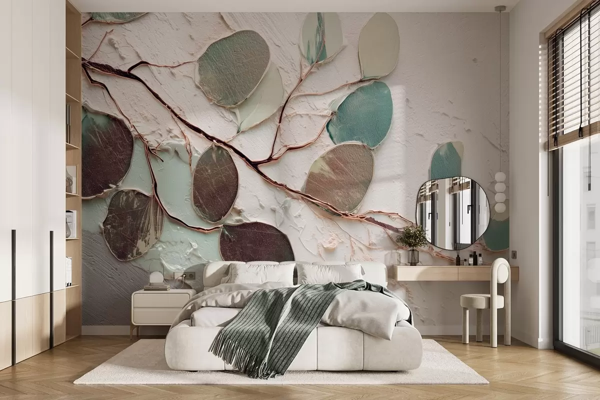 Fotobehang Decoratieve boom met bladeren en imitatie van een getextureerde achtergrond w09357