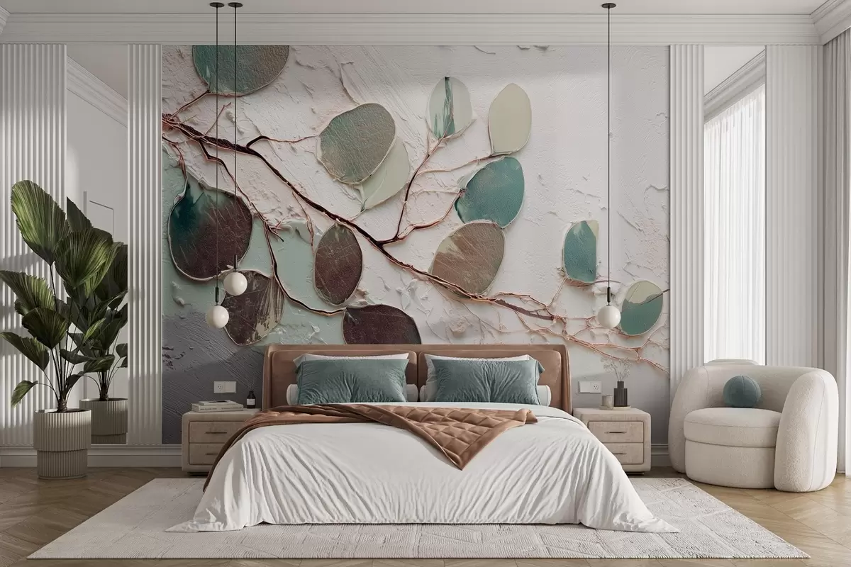 Fotobehang Decoratieve boom met bladeren en imitatie van een getextureerde achtergrond w09357