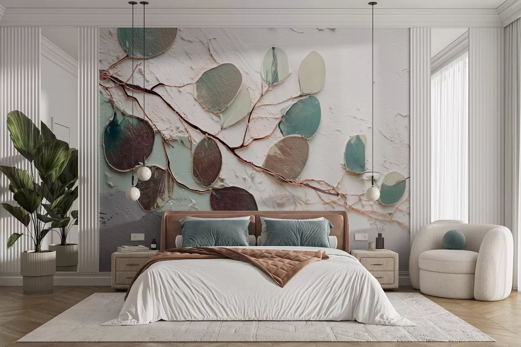 Fotobehang Decoratieve boom met bladeren en imitatie van een getextureerde achtergrond w09357