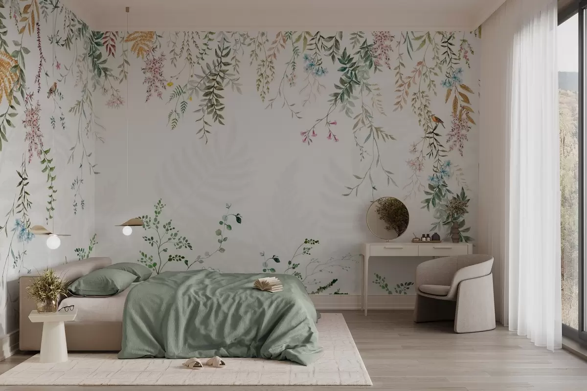 Fotobehang Botanische illustratie met varens, gras en hangende planten, pasteltinten, op witte achtergrond aquarel structuurstijl w09364