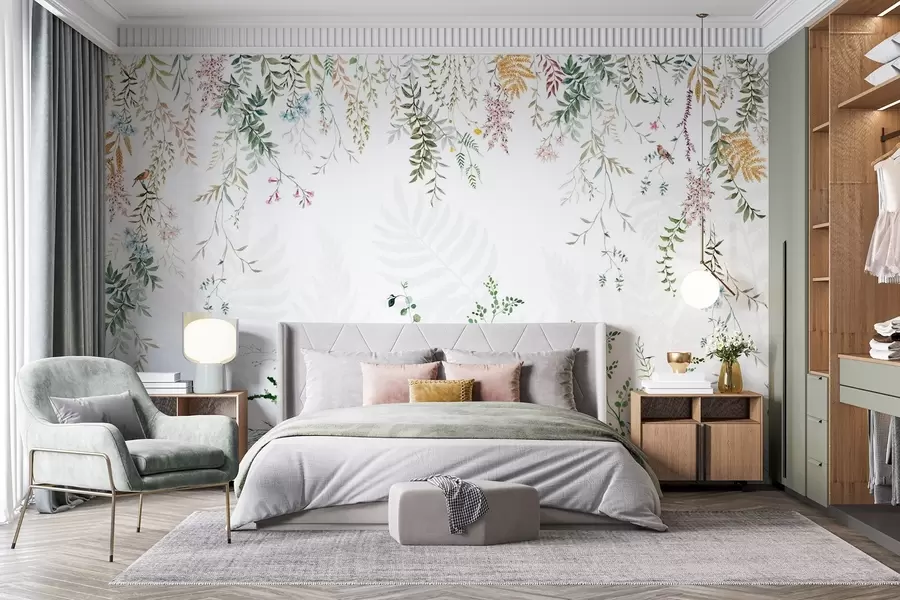 Fotobehang Botanische illustratie met varens, gras en hangende planten, pasteltinten, op witte achtergrond aquarel structuurstijl w09364