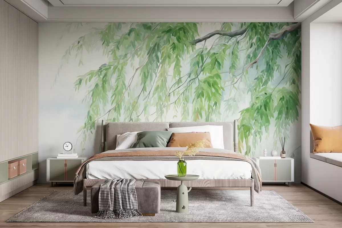 Fotobehang Treurwilgentakken met hangende groene bladeren, zachte en fijne penseelstreken, aquarel schilderstijl w09365