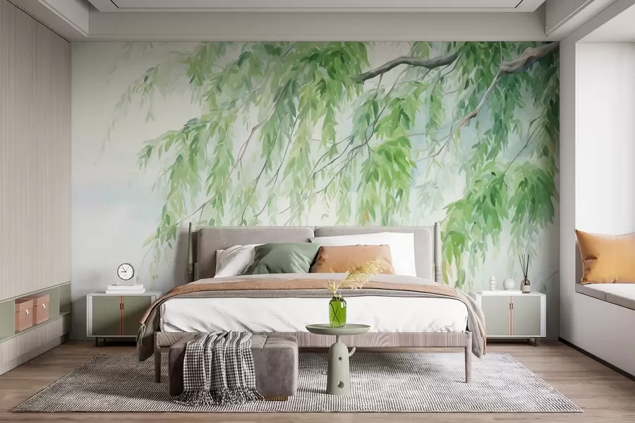 Fotobehang Treurwilgentakken met hangende groene bladeren, zachte en fijne penseelstreken, aquarel schilderstijl w09365