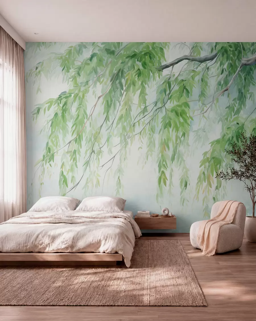 Fotobehang Treurwilgentakken met hangende groene bladeren, zachte en fijne penseelstreken, aquarel schilderstijl w09365
