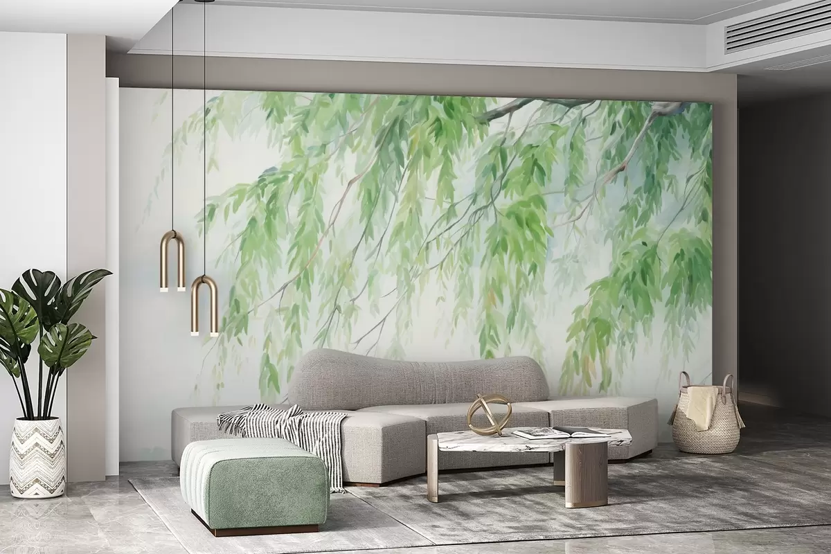 Fotobehang Treurwilgentakken met hangende groene bladeren, zachte en fijne penseelstreken, aquarel schilderstijl w09365