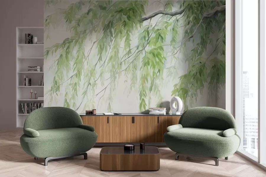 Fotobehang Treurwilgentakken met hangende groene bladeren, zachte en fijne penseelstreken, aquarel schilderstijl w09365