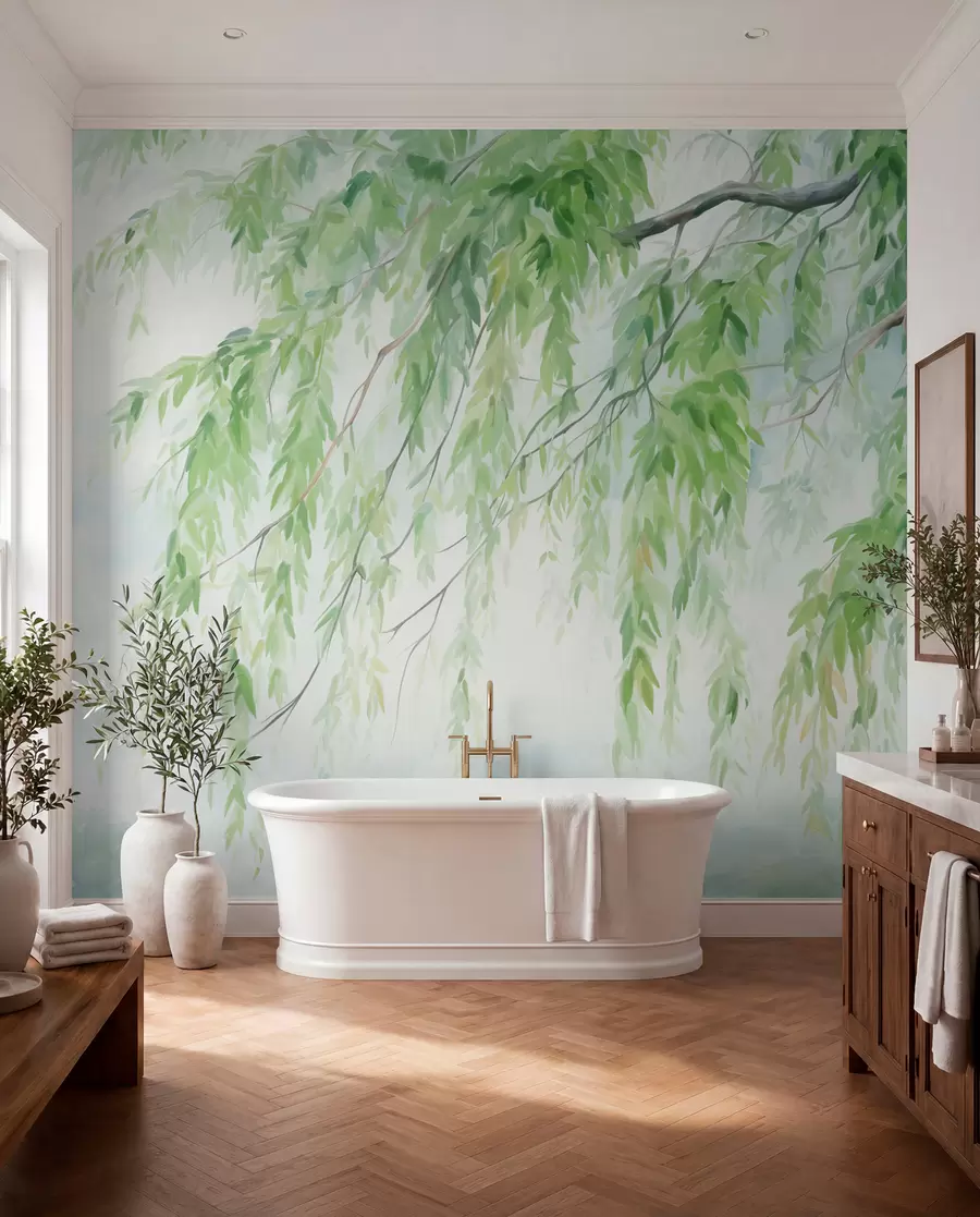 Fotobehang Treurwilgentakken met hangende groene bladeren, zachte en fijne penseelstreken, aquarel schilderstijl w09365